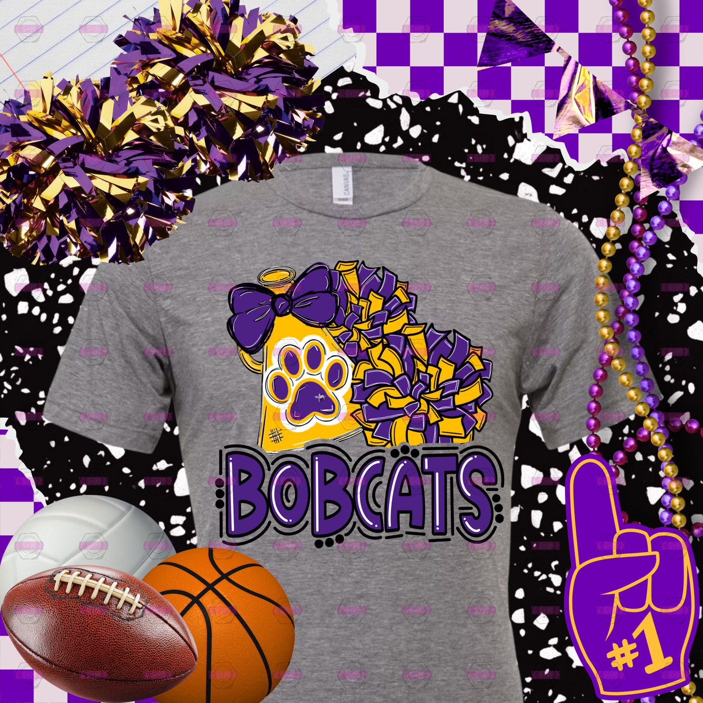 Bobcats Purple and Gold PomPom T-Shirt