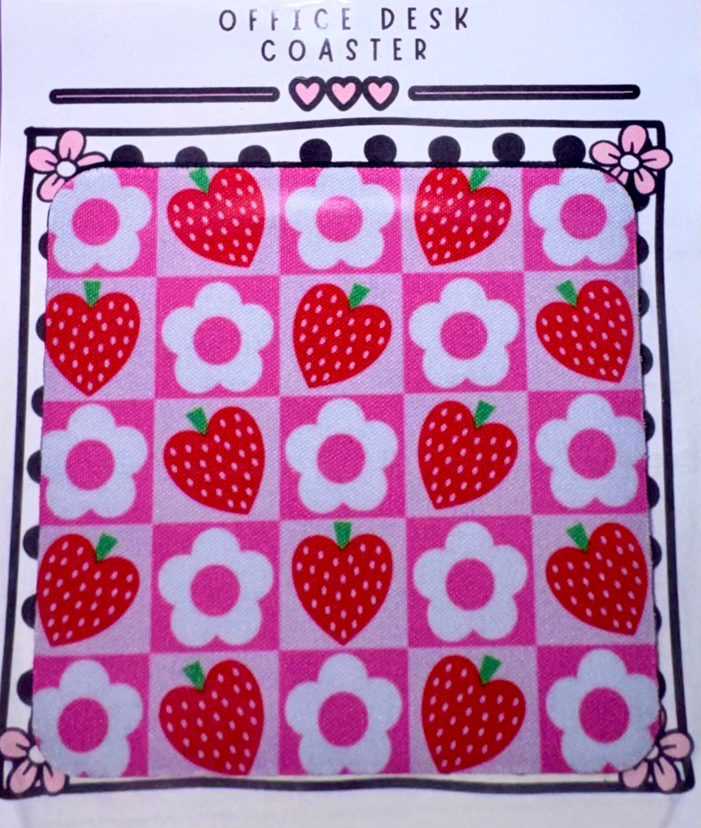 Strawberry Flower Checkered Desk Coaster