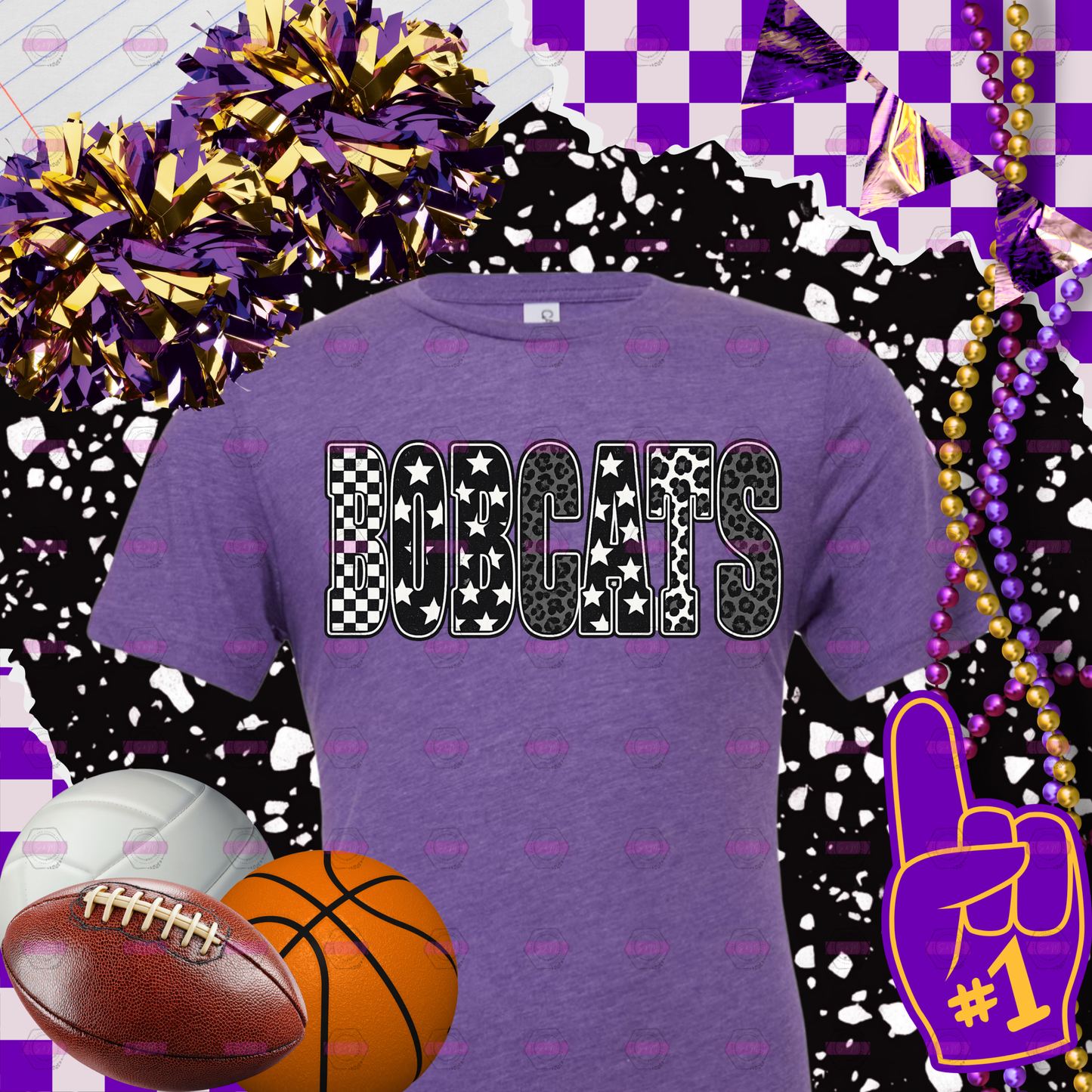 Bobcats Spirit Shirt | Trendy Checkered Leopard Game Day T-Shirt | School Spirit Apparel