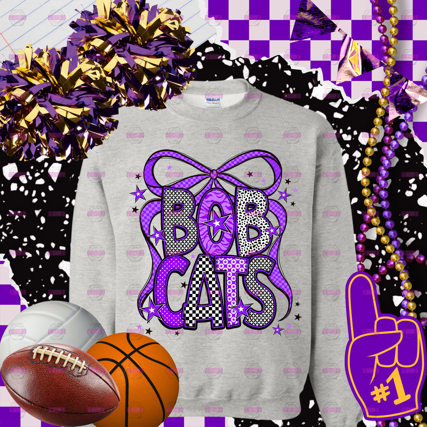 Bobcats Bow Trendy Mixed Pattern Crewneck Sweatshirt
