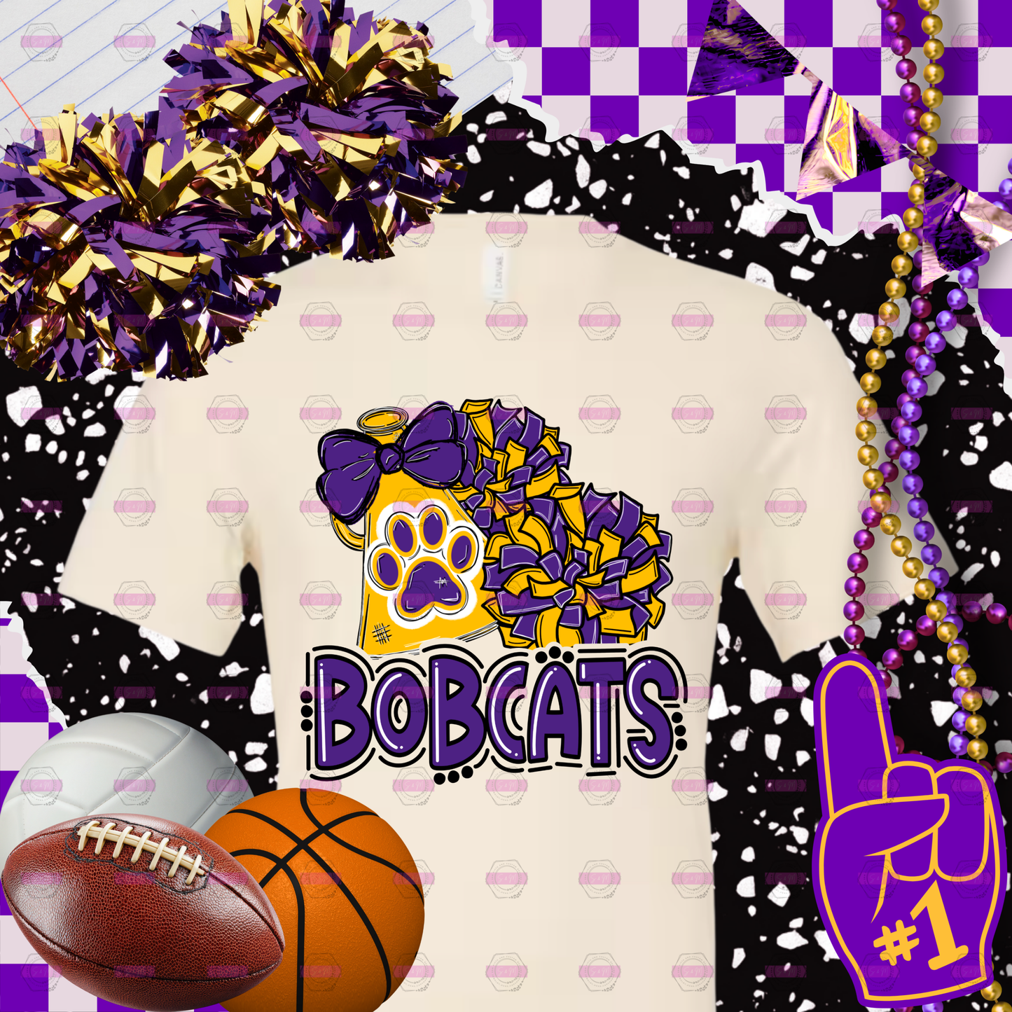Bobcats Purple and Gold PomPom T-Shirt