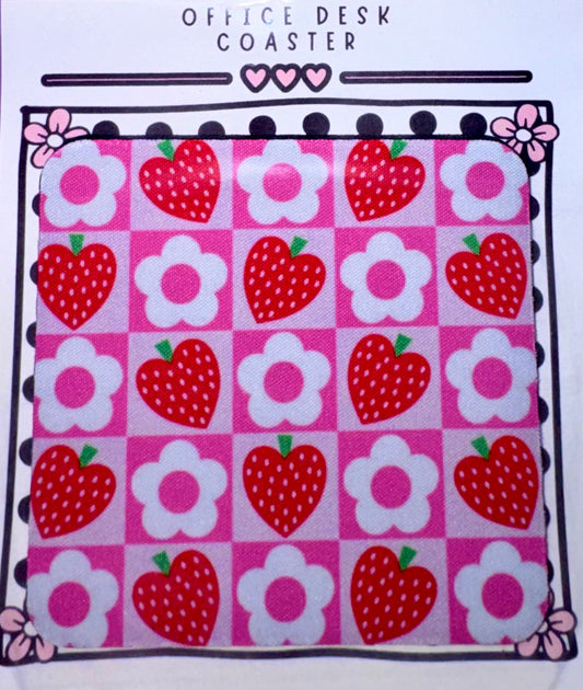 Strawberry Flower Checkered Desk Coaster
