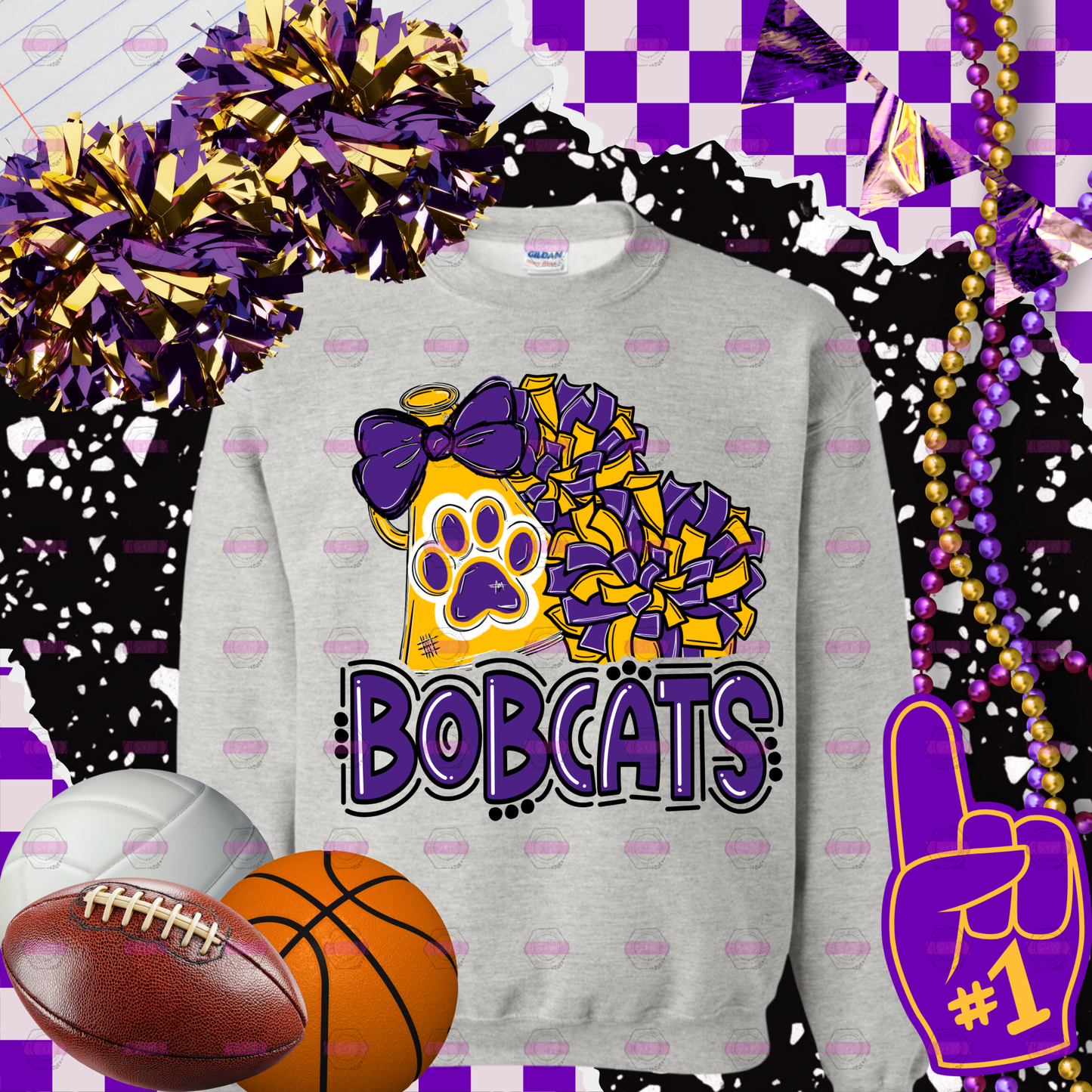 Bobcats Purple and Gold PomPom Crewneck Sweatshirt