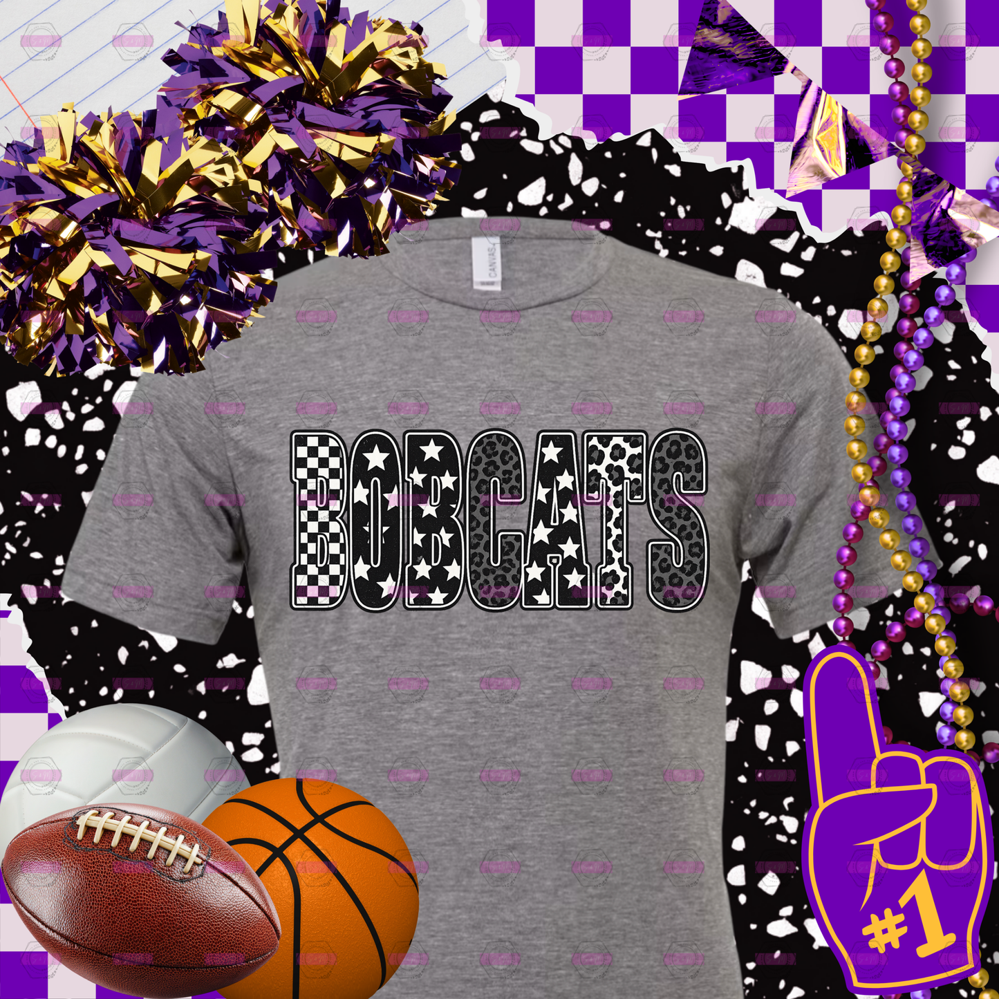 Bobcats Spirit Shirt | Trendy Checkered Leopard Game Day T-Shirt | School Spirit Apparel