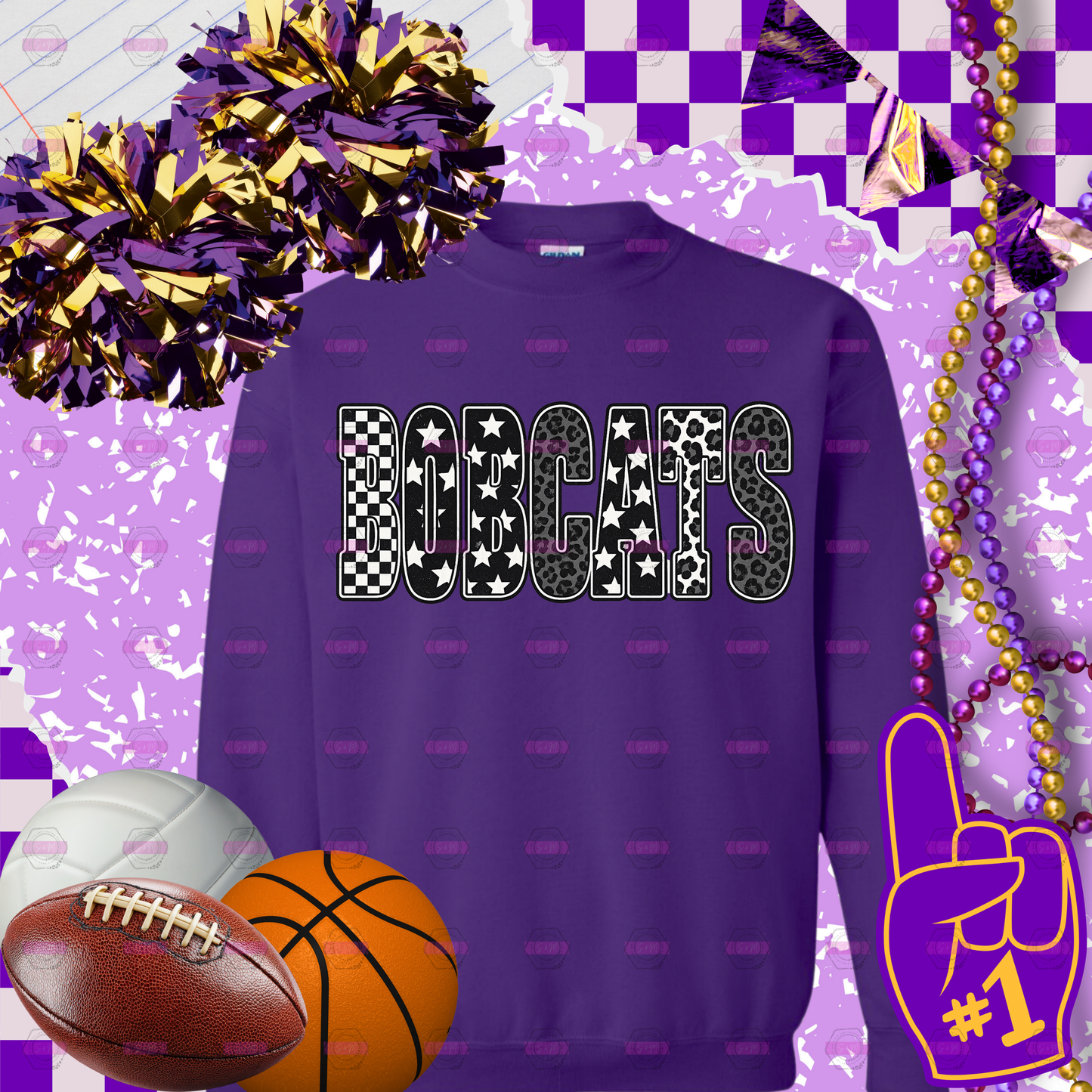 Bobcats Spirit Shirt | Trendy Checkered Leopard Game Day Sweatshirt | Bobcats Sweatshirt | School Spirit Apparel